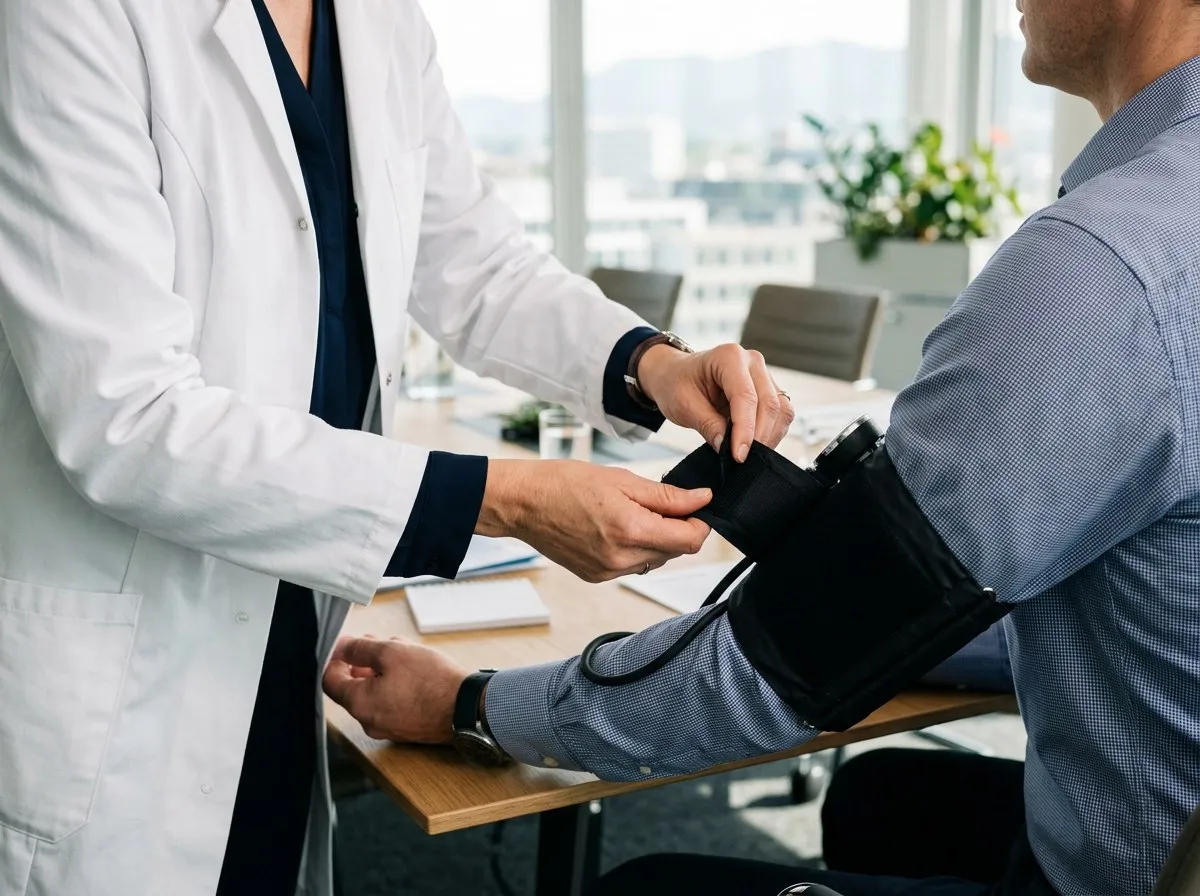 Blutdruckmessung am Arbeitsplatz, eine Blutdruckmanschette wird am Arm eines Mitarbeiters angelegt
