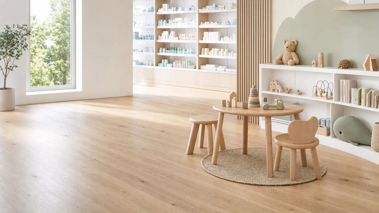 Kinderecke in der Anklin Apotheke: kleiner Tisch mit Stühlen, Spielzeug und Büchern neben dem Regal