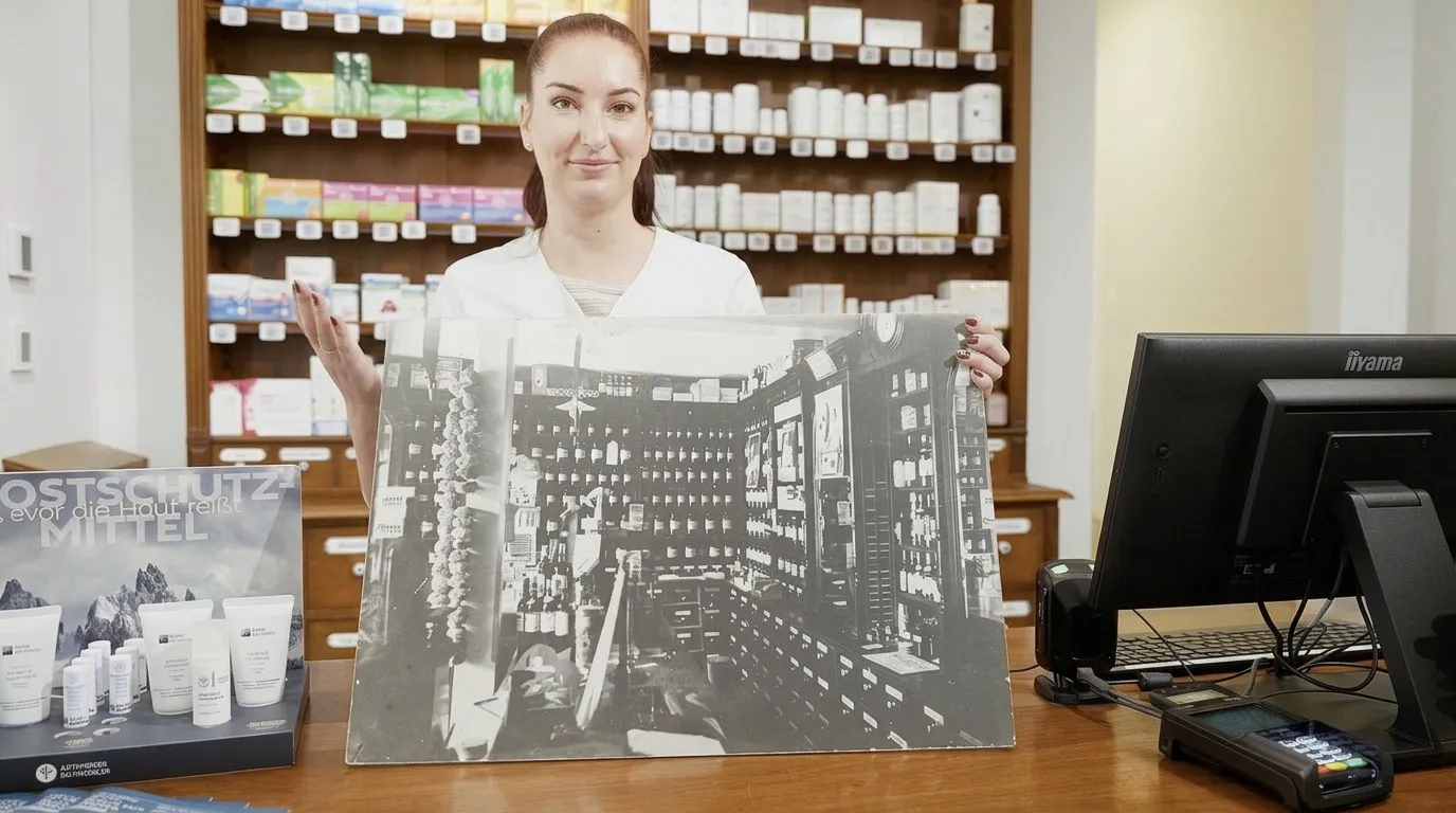 Mitarbeiterin hält ein historisches Foto der alten Offizin in die Kamera